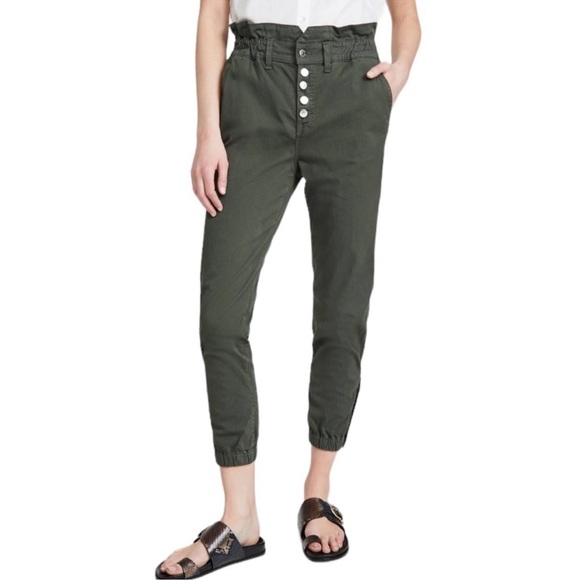 Veronica Beard Tedi Tapered High Rise Button Fly/ Paperbag Jeans in Army Green - Picture 4 of 14